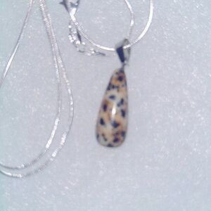 Boho hippie Dalmatian Jasper Tear Drop Silver 24” Necklace